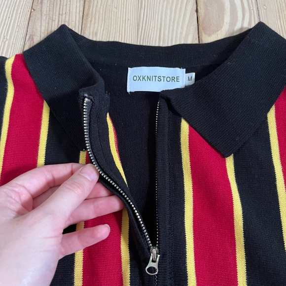 OXXKNITSTORE Mens Knit Striped Polo Shirt Short Sleeve Zip Up Black Red Yellow‎ - Picture 10 of 10